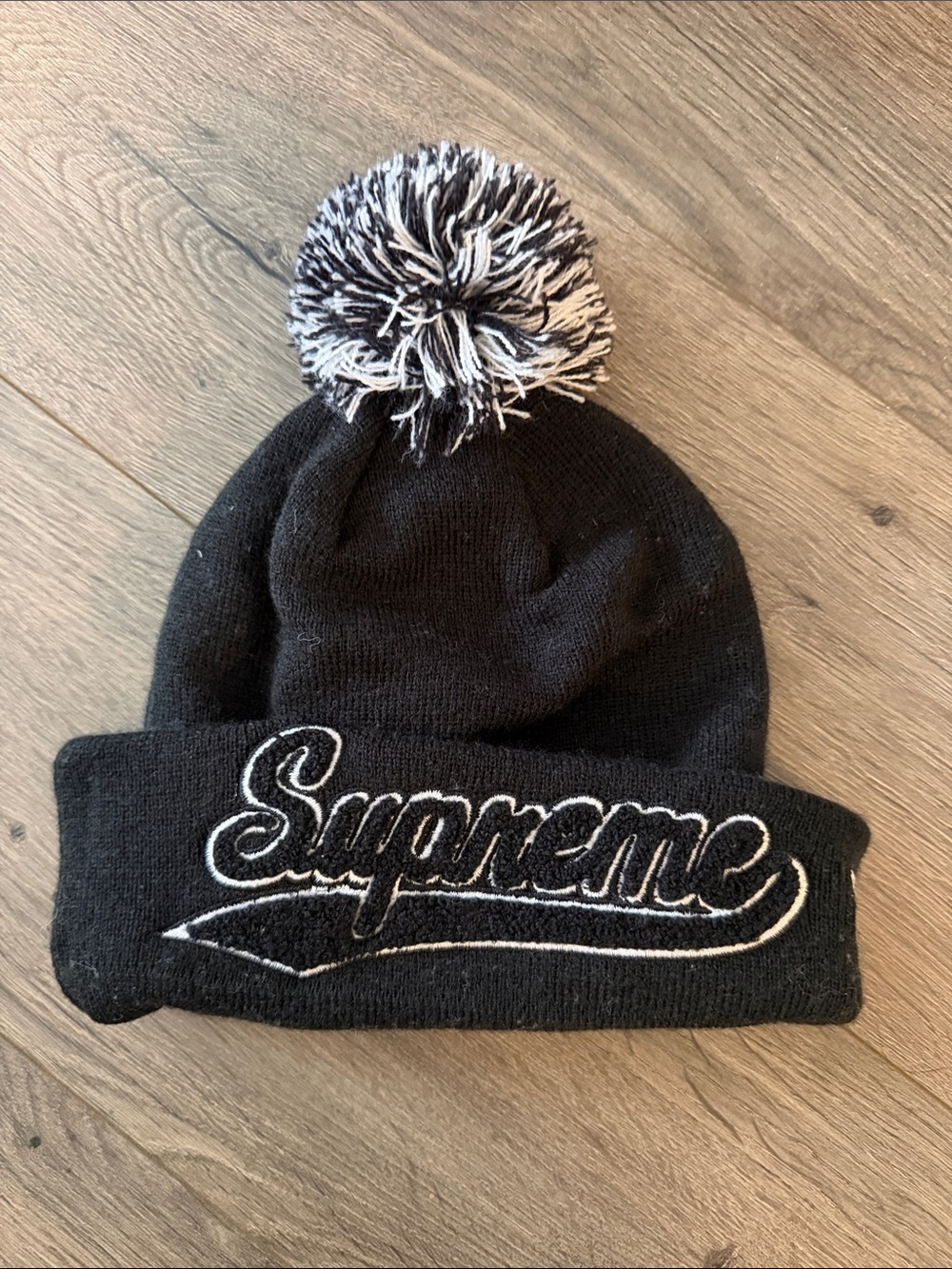 Supreme Black Knit Beanie with Black-and-White Pom